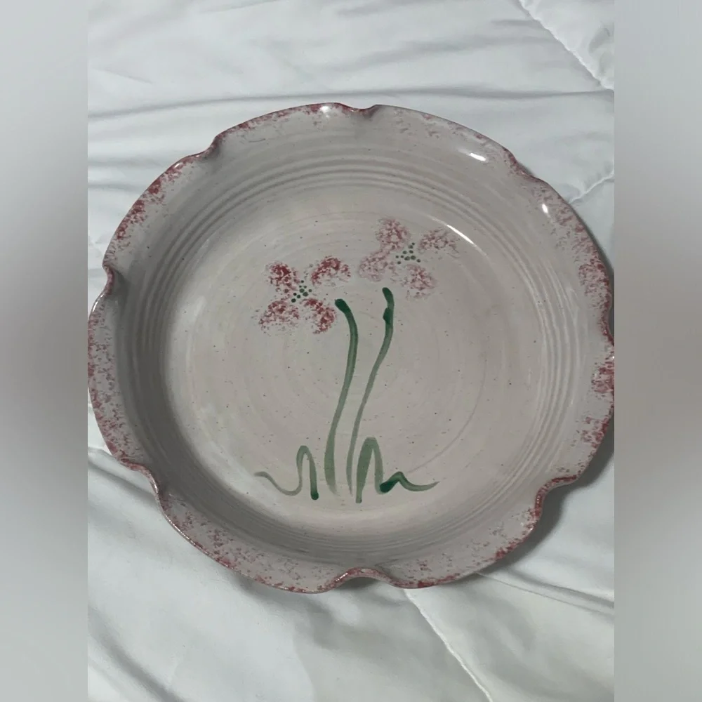 VTG Art Pottery Clay Casserole Dish Handmade Deep Pink Flowers Signed by Artist